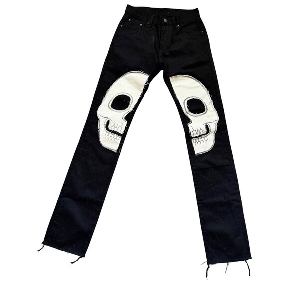 MNML Black Denim Pants With White Skull Patch Design Size 28 - Picture 1 of 10